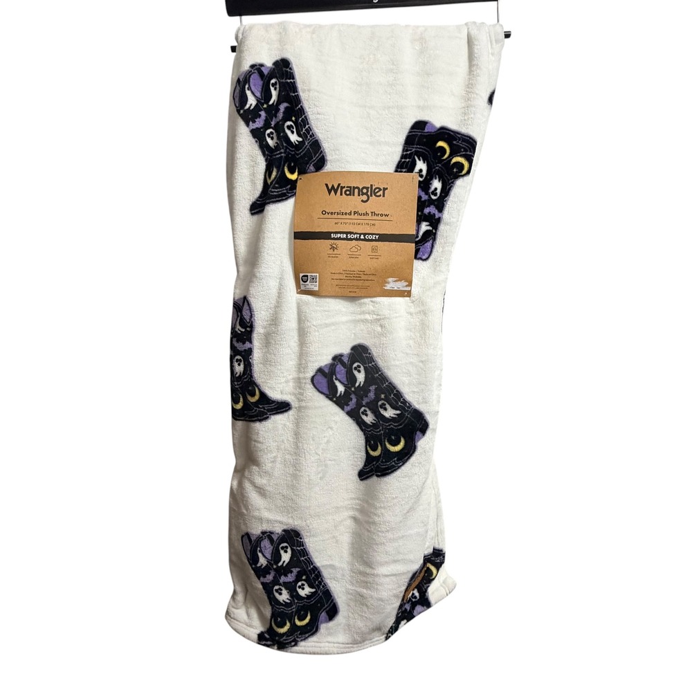 Wrangler Halloween Cowboy Boot Plush Throw Blanket White Purple 60x70 Polyester